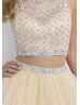 Two Piece Rhinestones Beaded Champagne Tulle Short Homecoming Dress